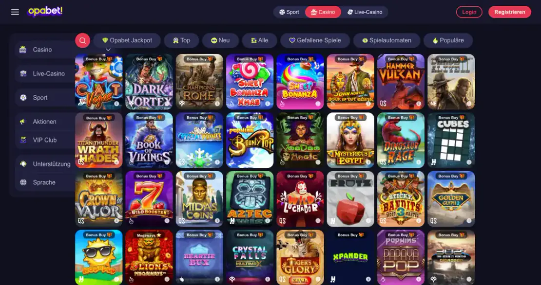 Bonusbereich auf der Website von opabet.com